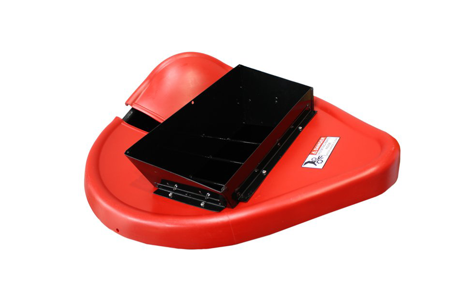 The image showcases a specially designed canister lid for the Mega Hippo mixer. Set against a neutral background, the lid is predominantly red with a distinctive black metal chute integrated into its design. This chute, prominently displayed, allows users to pour products directly through the lid when installed on the mixer. The overall design of the lid, combined with the chute, emphasizes its functionality, ensuring a seamless and controlled pouring process. The lid's construction and color scheme align with the signature aesthetic of the Portamix brand, reinforcing its compatibility with the Mega Hippo mixer.