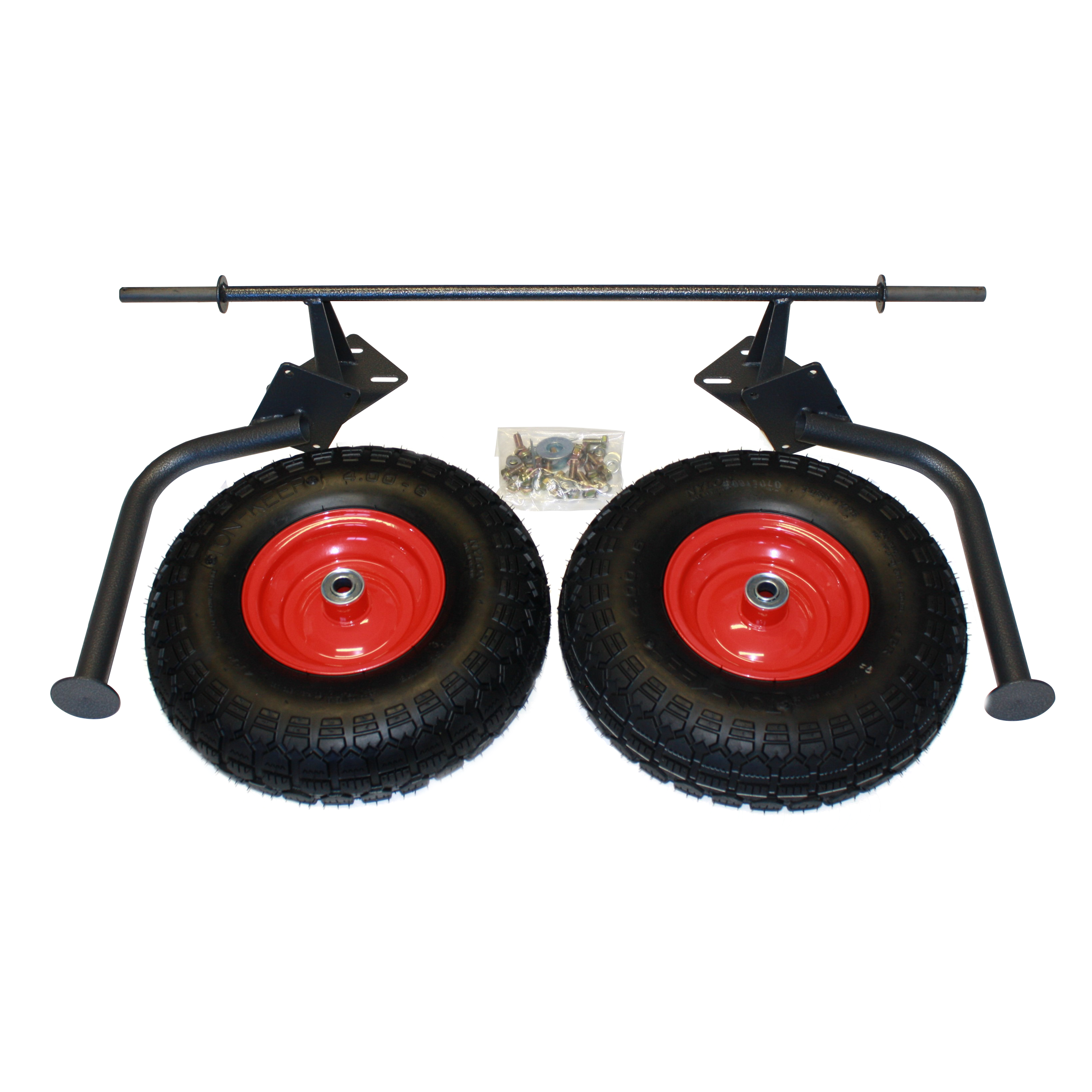 An image showcasing the X-Series Wheel Kit upgrade, designed for the Mega Hippo. Displayed against a clean white background are two large red and black wheels, accompanied by various installation parts including screws, nuts, and a metal bracket. These components are specifically tailored to enhance the Mega Hippo's performance on rough terrains, ensuring smooth maneuverability and stability.