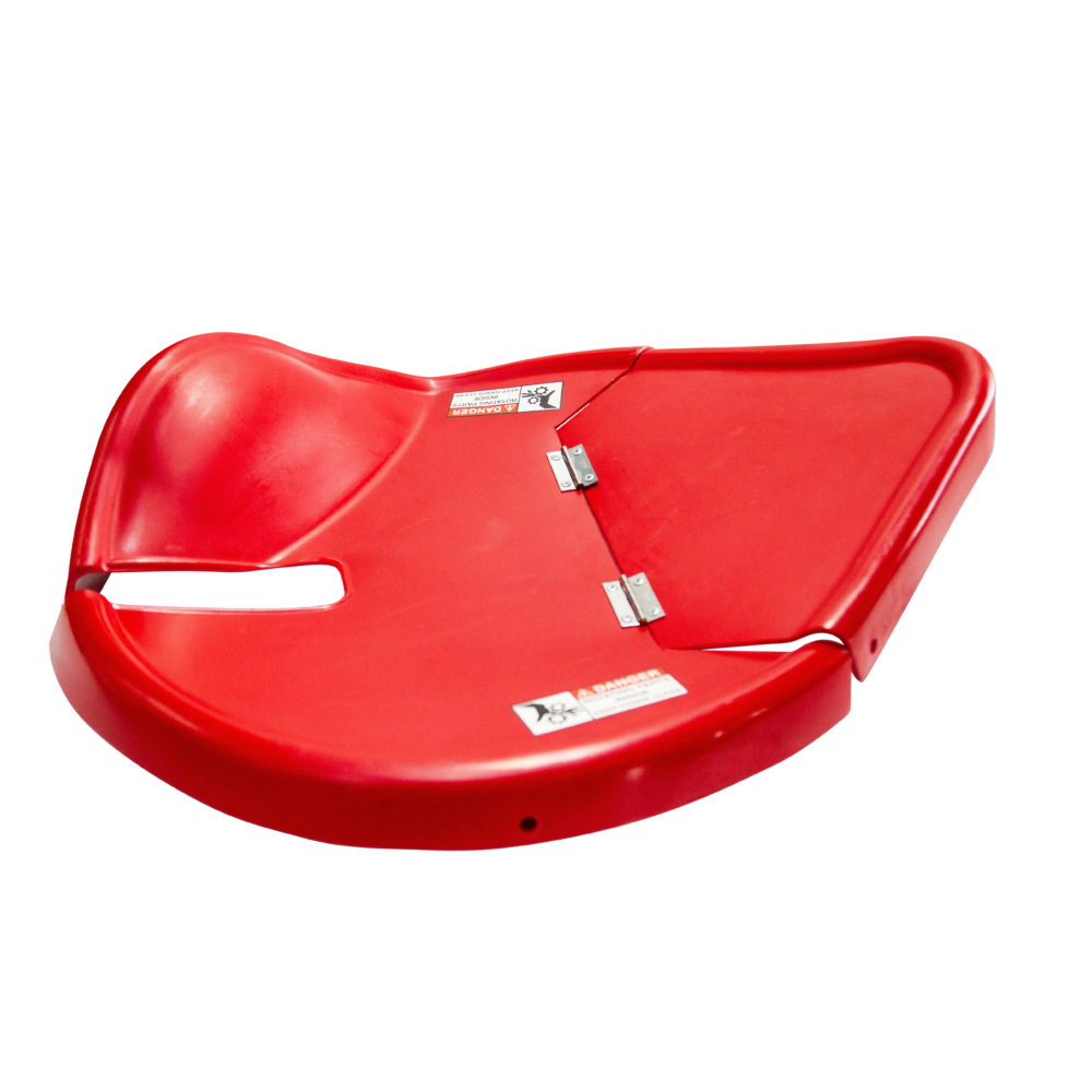 The image showcases a lid designed specifically for the Portamix Mega Hippo and Pelican mixing machines. The lid, prominently displayed against a pristine white background, is vibrant red in color. Its design features a pair of metal hinges, suggesting its functionality to open and close seamlessly. The lid's shape and contour indicate its perfect fit for the mixing machines, ensuring a secure and snug placement. The overall presentation emphasizes the lid's simplicity, functionality, and compatibility with the Portamix range of mixers.