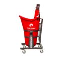 The image showcases the Portamix Mega Hippo Gen I, a robust machine designed for mixing floor installation materials for self-leveling applications. Set against a pristine white background, the machine stands out with its vibrant red canister and black handle. The canister prominently displays the "Portamix" branding, reinforcing the product's identity. The machine's design, with its sturdy build and ergonomic handle, emphasizes its functionality and capability to handle large batches of mixing. The overall presentation highlights the machine's significance for professionals in the flooring industry, ensuring consistent and efficient mixing results.