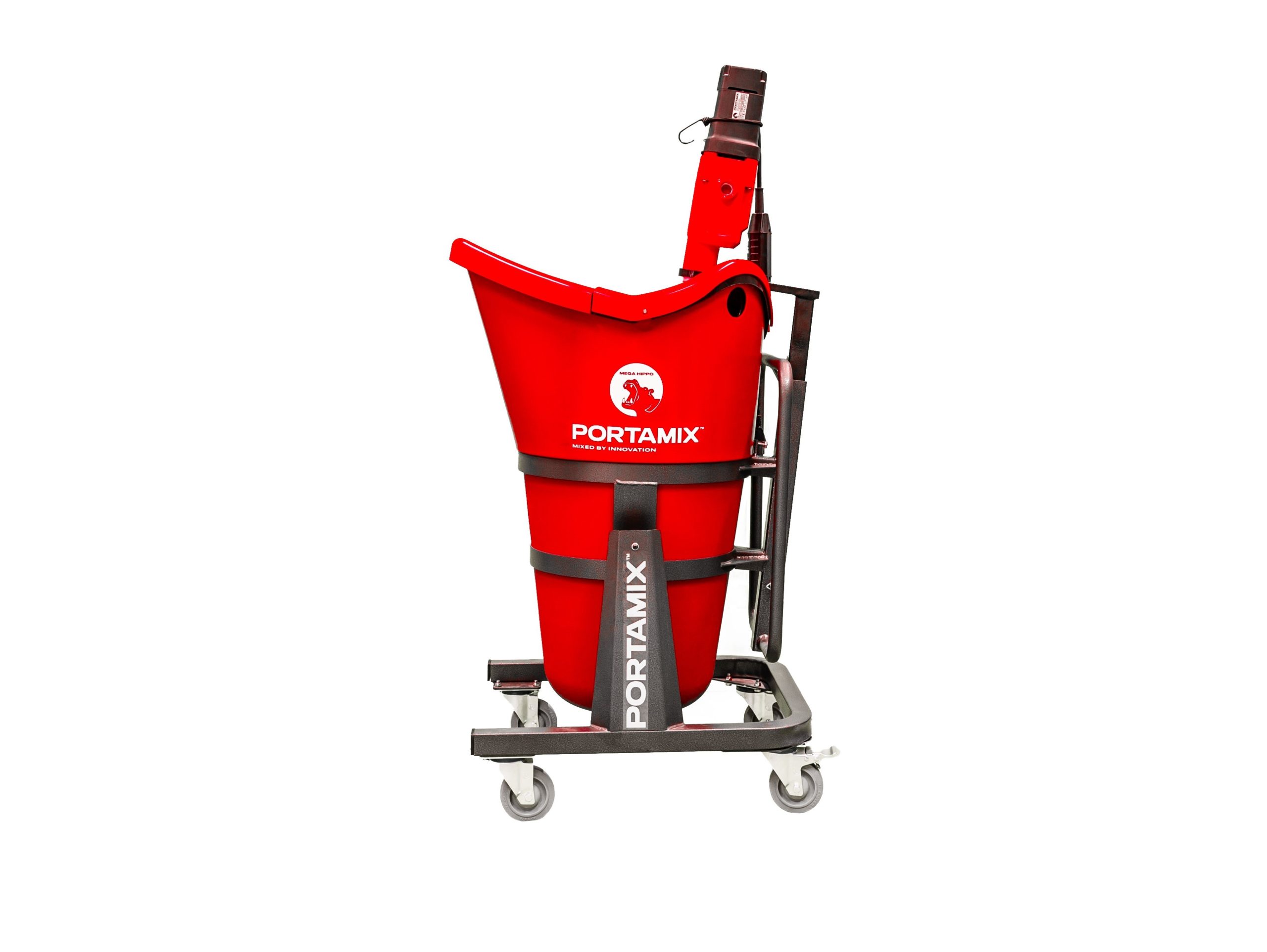 The image showcases the Portamix Mega Hippo Gen I, a robust machine designed for mixing floor installation materials for self-leveling applications. Set against a pristine white background, the machine stands out with its vibrant red canister and black handle. The canister prominently displays the "Portamix" branding, reinforcing the product's identity. The machine's design, with its sturdy build and ergonomic handle, emphasizes its functionality and capability to handle large batches of mixing. The overall presentation highlights the machine's significance for professionals in the flooring industry, ensuring consistent and efficient mixing results.