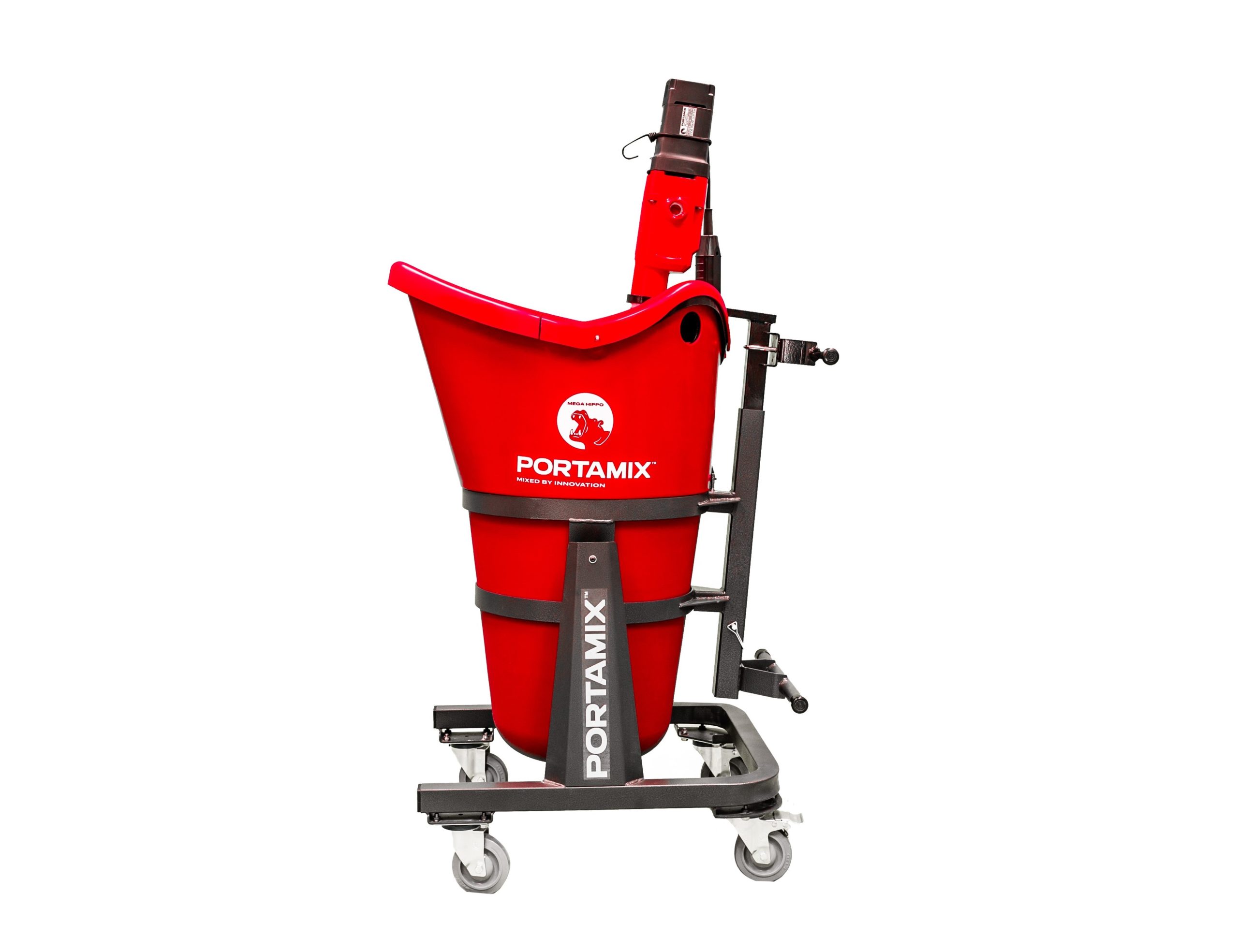 The image showcases the Gen II variation of the Portamix Mega Hippo mixer machine, set against a clear white background. This robust machine is predominantly red with black accents, featuring a spacious bucket mounted on sturdy wheels and equipped with a black handle for easy maneuverability. The bucket prominently displays the "Portamix" branding, emphasizing its origin. Additionally, a smaller "Mega Hippo" logo is visible in the lower center, presented as a red and black emblem. The machine's design indicates its capability to handle flooring applications efficiently, powered by its 3-speed 20amp motor, making it suitable for mixing 5-6 bags of material.
