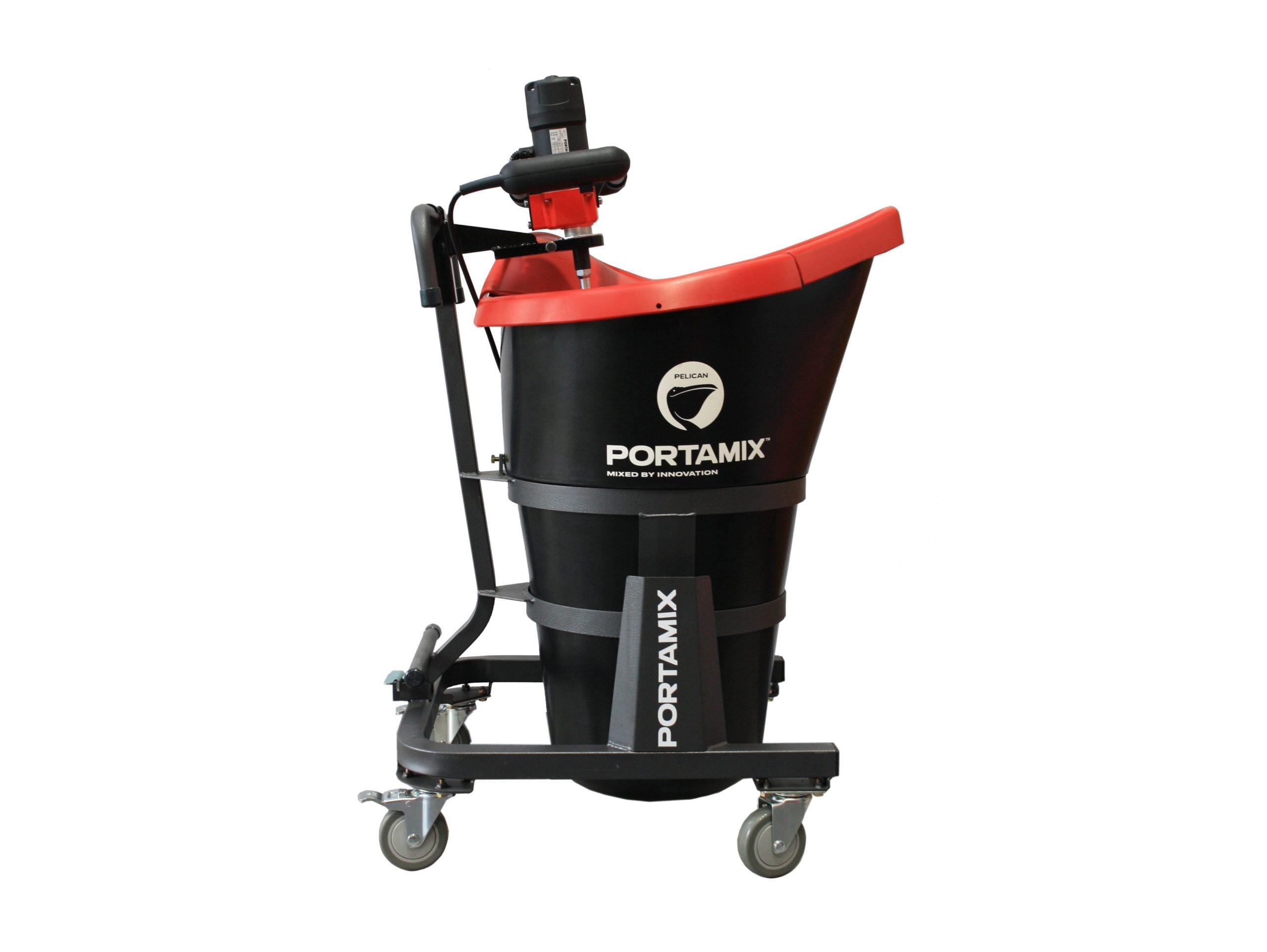 The image showcases a Portamix Pelican and dust control Kit set against a pristine white background. The cart is predominantly black and red, featuring sturdy wheels for easy mobility. The "Portamix" brand name is prominently displayed on the cart. Additionally, the cart is equipped with a Dust Control Kit, which includes a lid, motor mount, and a vacuum hose cuff. An illustration of what the product would look like with a Portamix Hand Mixer mounted is also visible. Various Portamix logos and branding elements, including a small Pelican logo depicted as a bird, are scattered throughout the image, emphasizing the brand's identity.