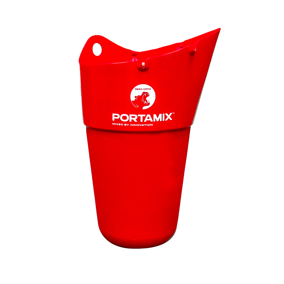 An image showcasing a large red replacement canister for Mega Hippo, prominently displayed against a clean white background. The canister is branded with the bold "Portamix" lettering and features a small red and white "Hippo" logo towards its bottom. Above the canister, the text "MEGA HIPPO" is highlighted in red, while below it, the phrases "PORTAMIX®" and "MIXED BY INNOVATION" are presented in bold red letters. The entire composition emphasizes the branding and functionality of the replacement part for the Mega Hippo mixing station.